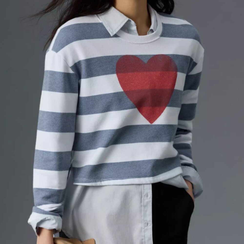 Anthropologie Sundry Cropped Crewneck Sweatshirt, Stripes & Heart - Womens Small